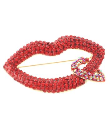 Large Crystal Lip & Heart Brooch